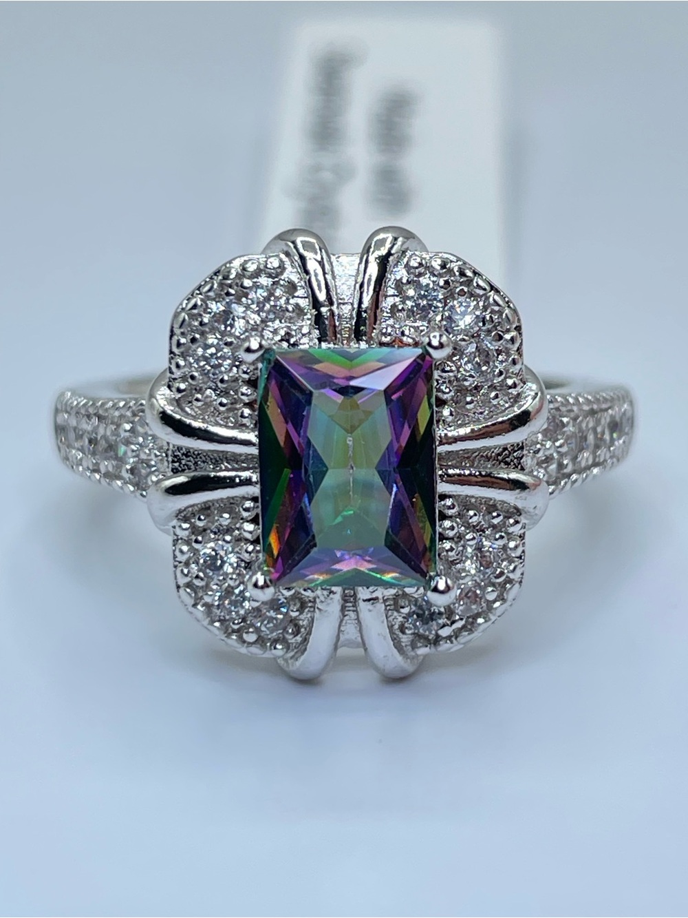 Swarovski Crystal Elements Rainbow Mystic Crystal Halo Art Deco Ring Size 7.5